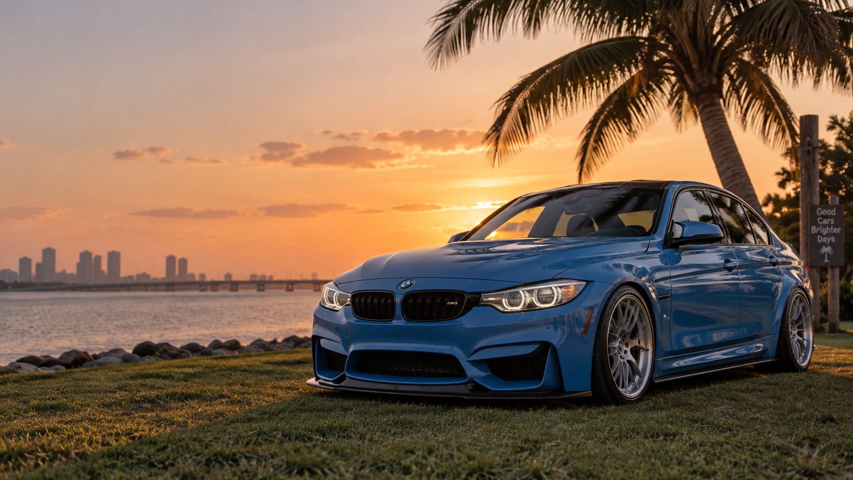 Yas Marina Blue BMW F80 M3 on the waterfront at sunset
