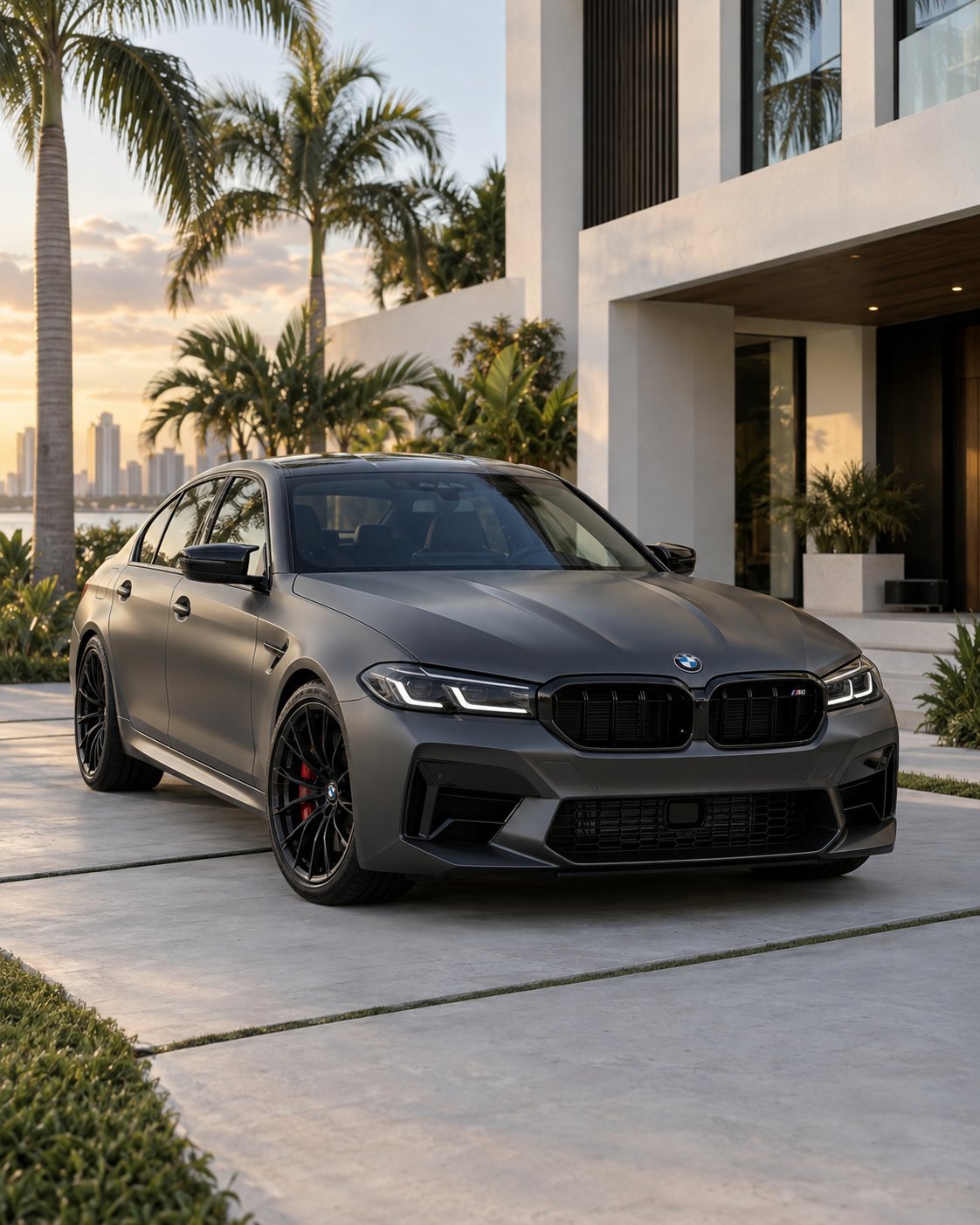 Matte grey BMW F90 M5 in front of a modern Miami home