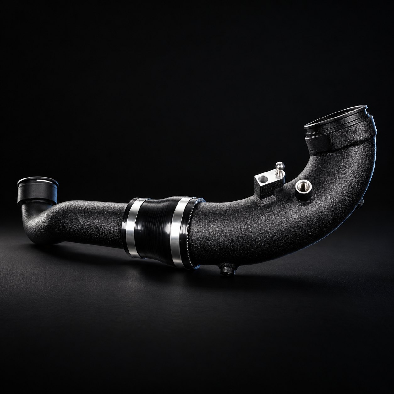 Wrinkle-black B58 charge pipe with a bellows coupler, stainless clamps and sensor bungs