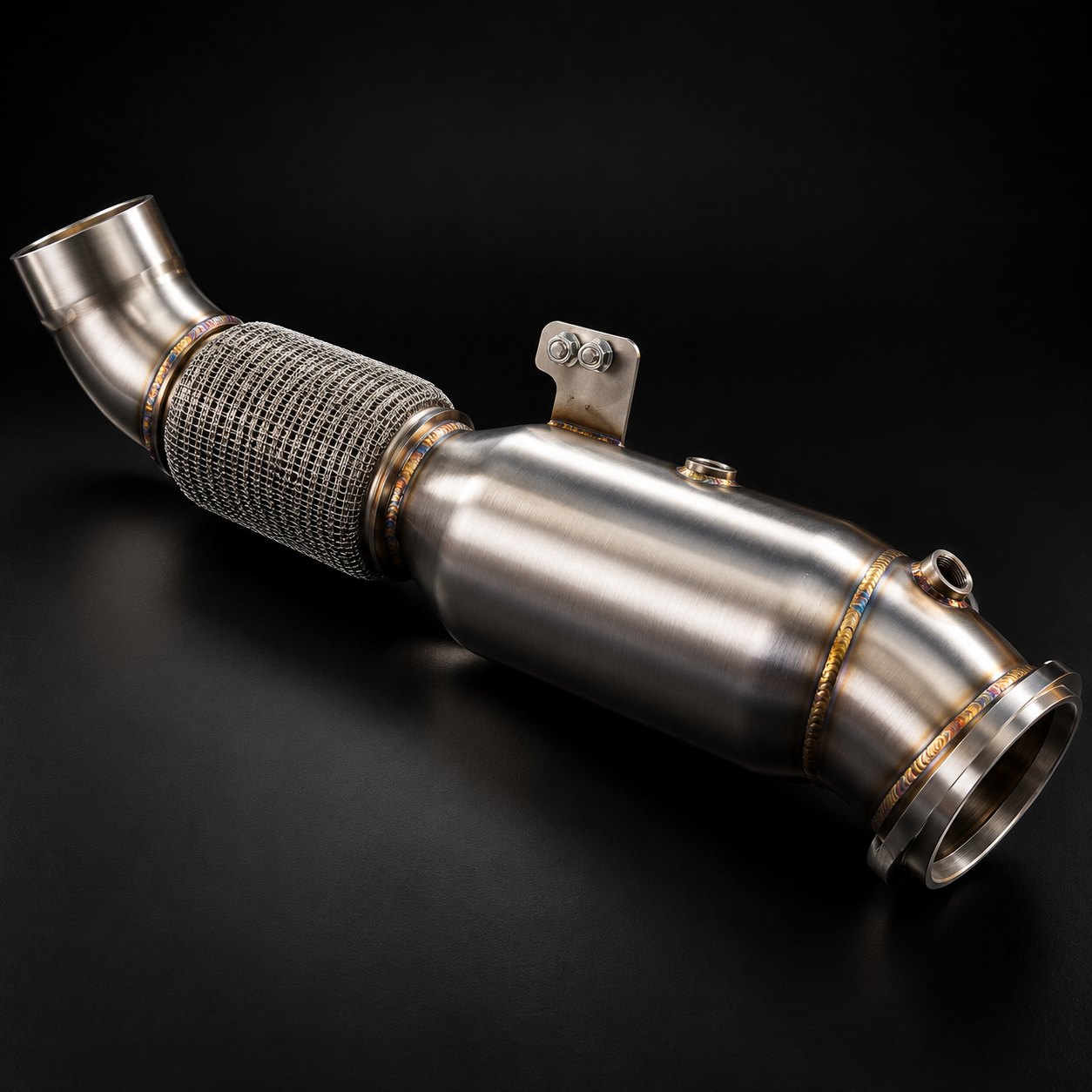 Brushed stainless steel B58 downpipe with a braided flex section, V-band outlet and mounting bracket