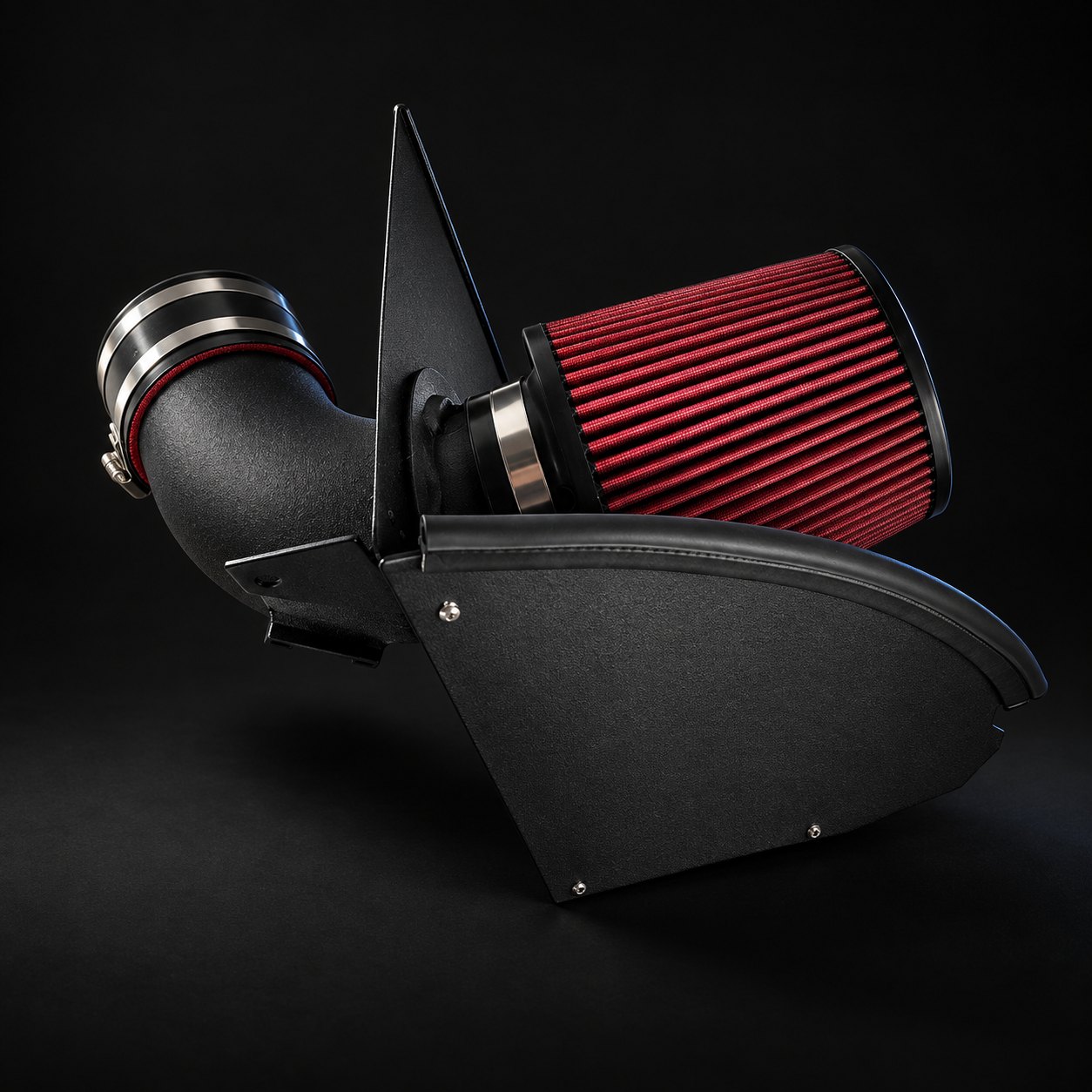 B58 heat-shielded intake: wrinkle-black tube and red conical filter behind a black heat shield panel