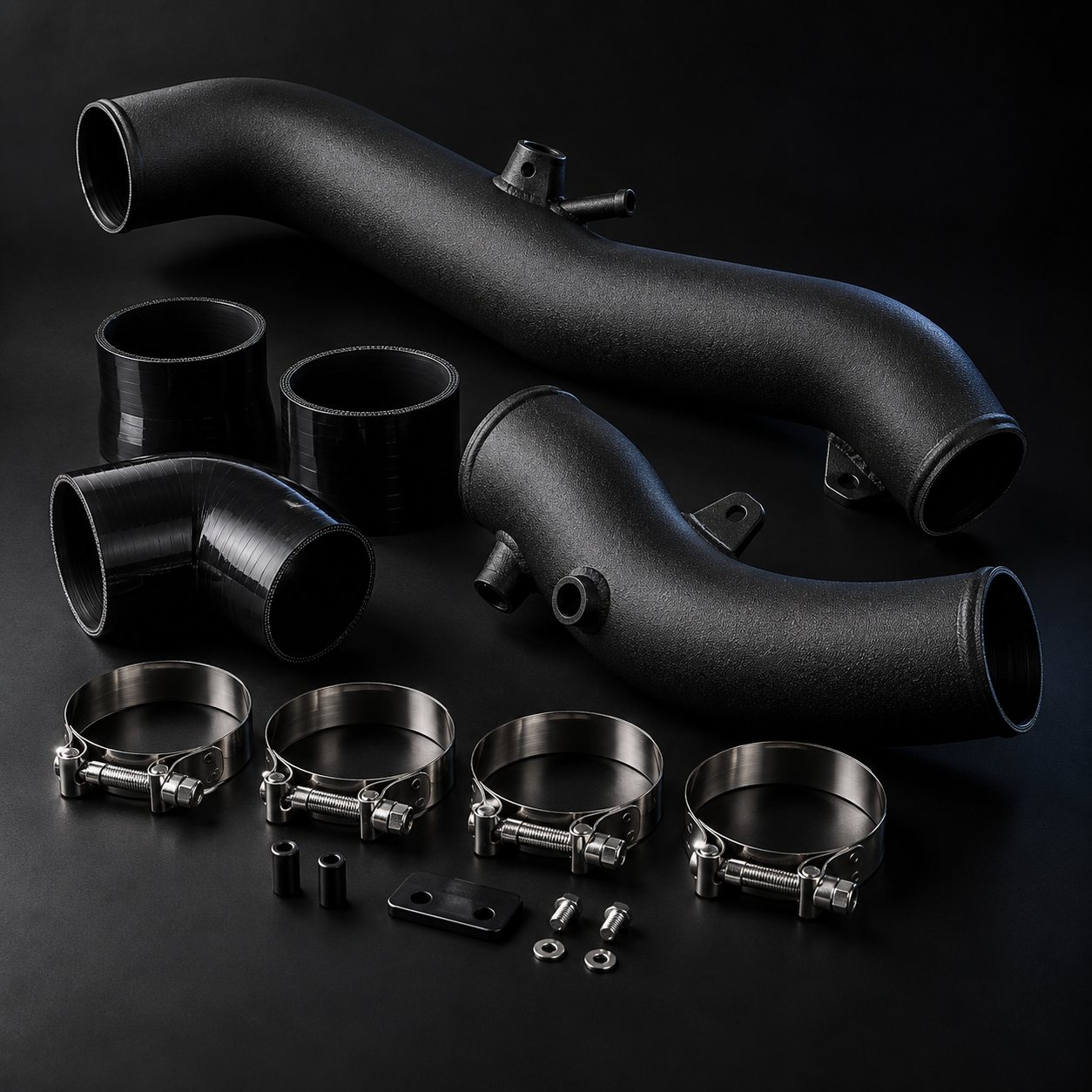 Black aluminum charge pipe kit with silicone couplers and clamps