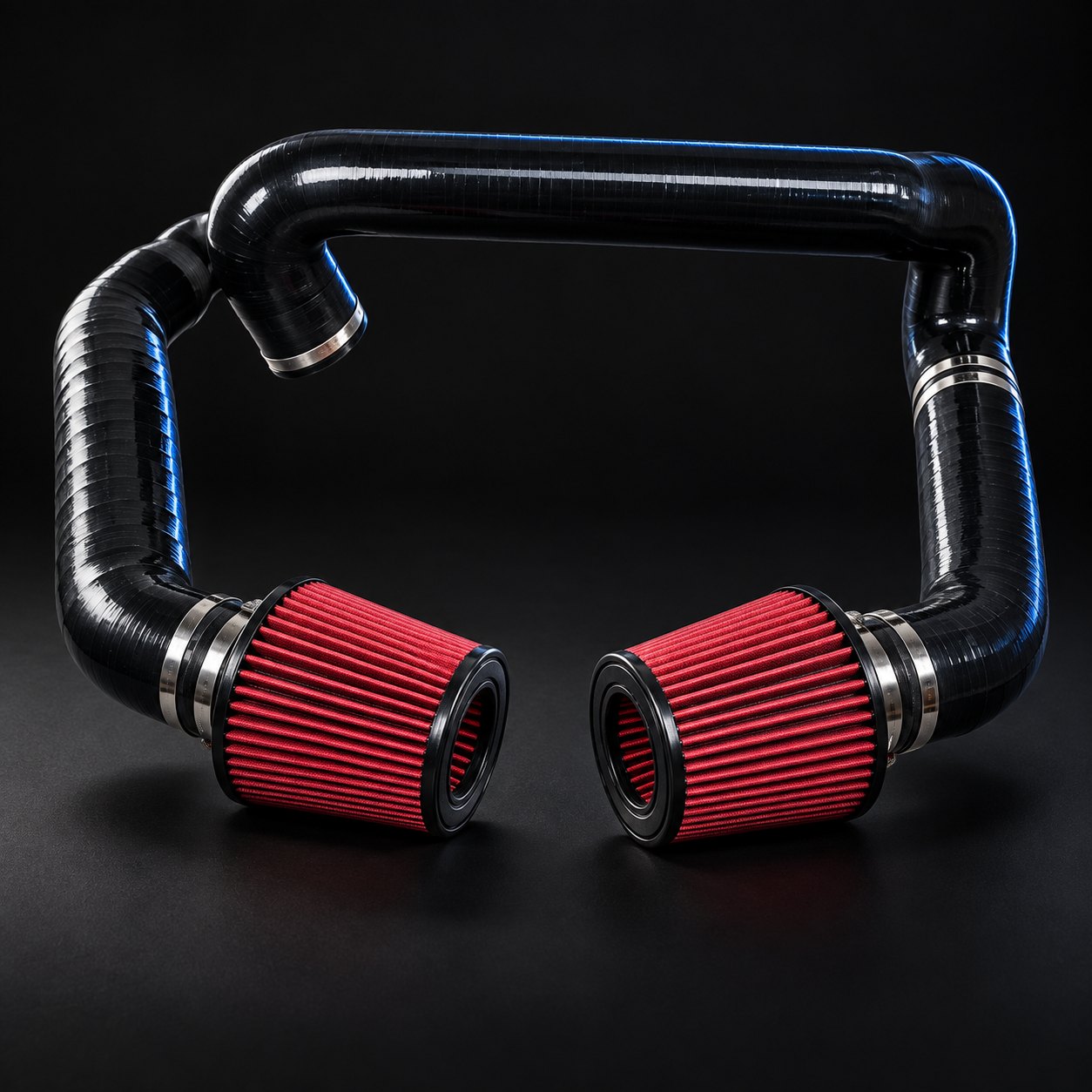 S58 front mount intake kit: two black intake tubes with red conical filters and stainless clamps