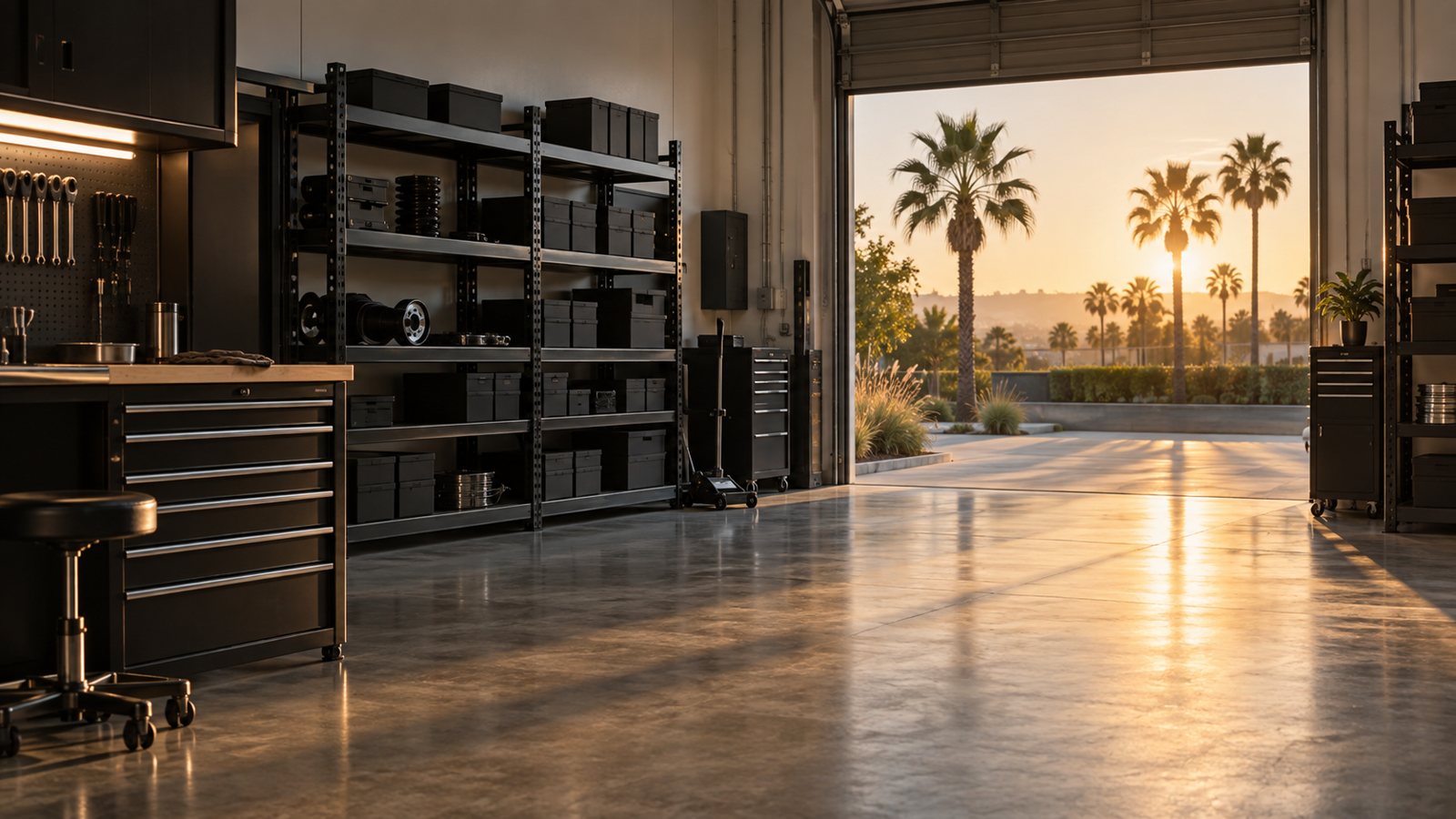 Garage Parts shop with the roll-up door open to palm trees at sunset